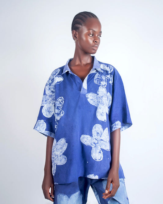 Blue Floral Print - Women's Soft Cotton Adire Shirt