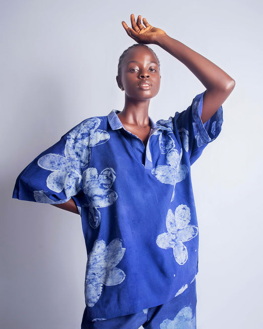 Blue Floral Print – Oversized Women’s Cotton Adire Shirt