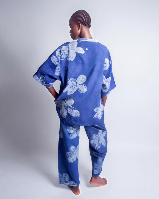 Blue Floral Print - Women's Cotton Adire Trousers