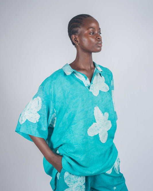 Green Floral Print – Oversized Women’s Soft Cotton Adire Shirt