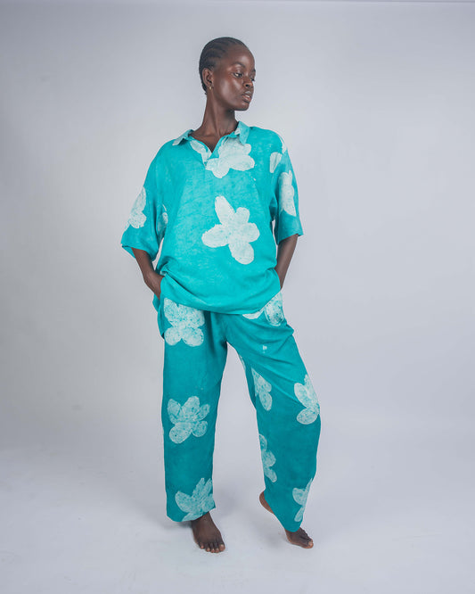 Green Floral Print - Women's Soft Cotton Adire Trousers