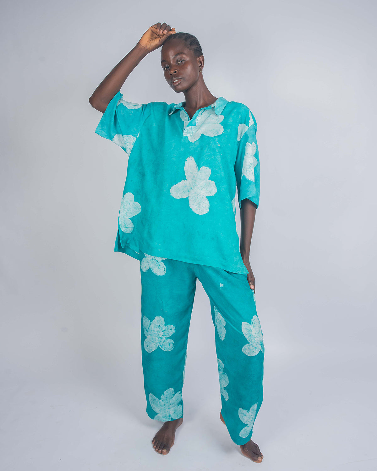 Green Floral Print - Women's Soft Cotton Adire Trousers