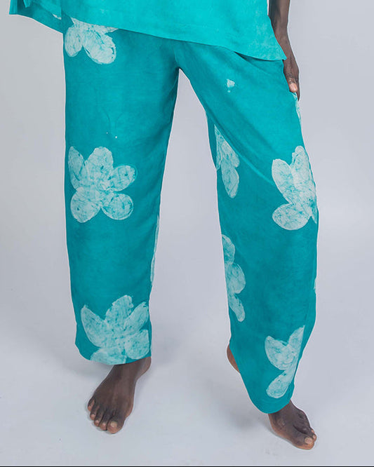 Green Floral Print - Women's Cotton Adire Trousers