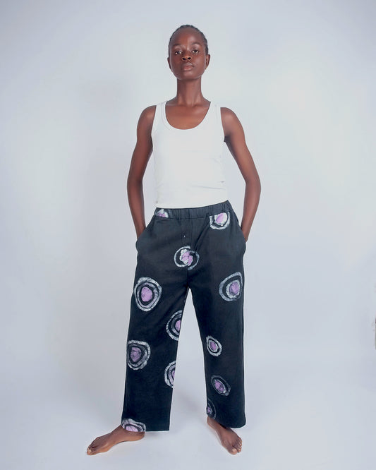 Black & Purple Contrast Print - Women's Cotton Adire Trousers