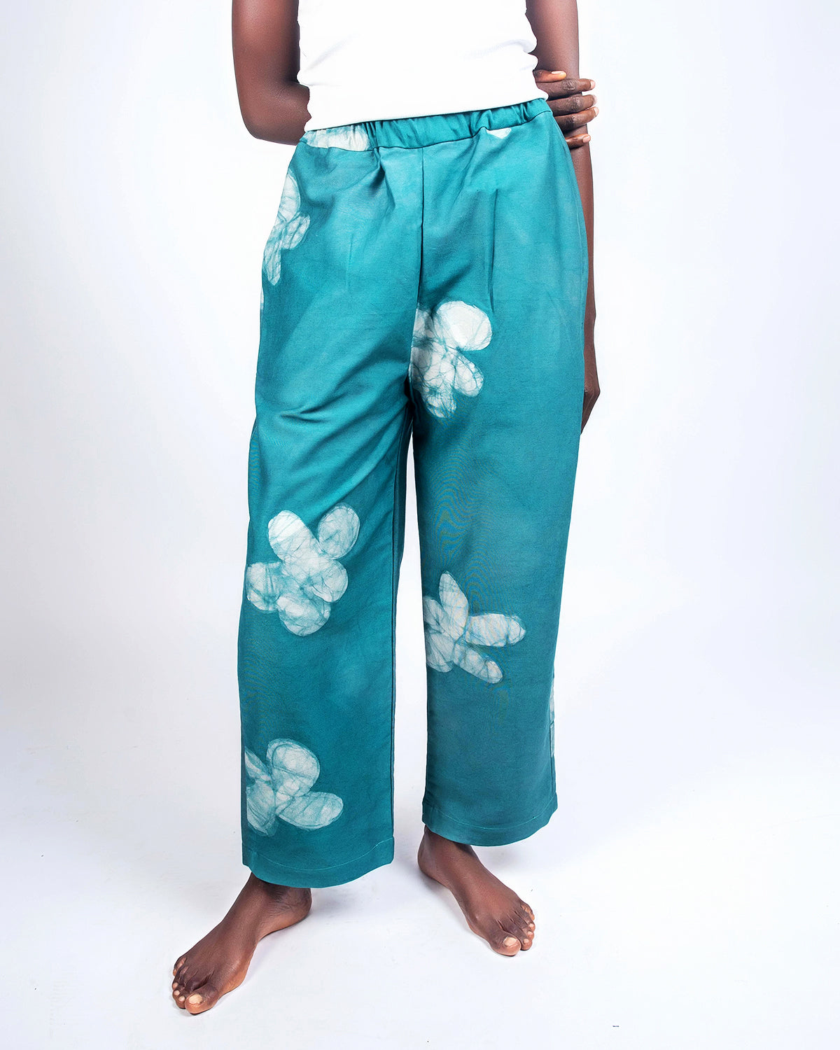 Teal Floral Print - Women's Cotton Adire Trousers