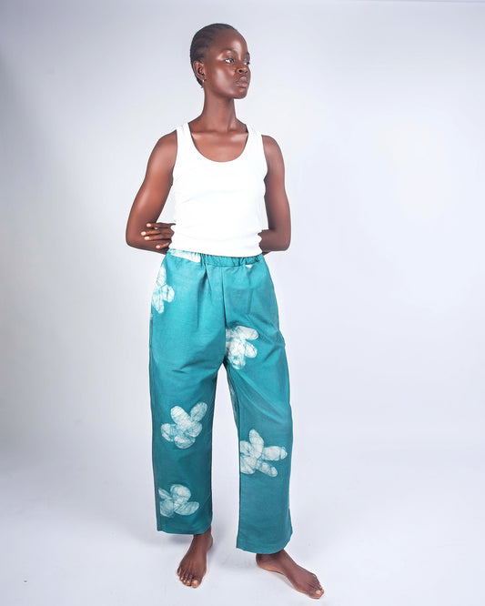 Teal Floral Print - Women's Cotton Adire Trousers