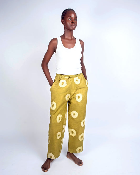 Tan Circle Print - Women's Cotton Adire Trousers