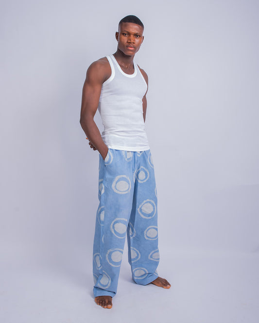 Blue & White Print - Men's Cotton Adire Trousers