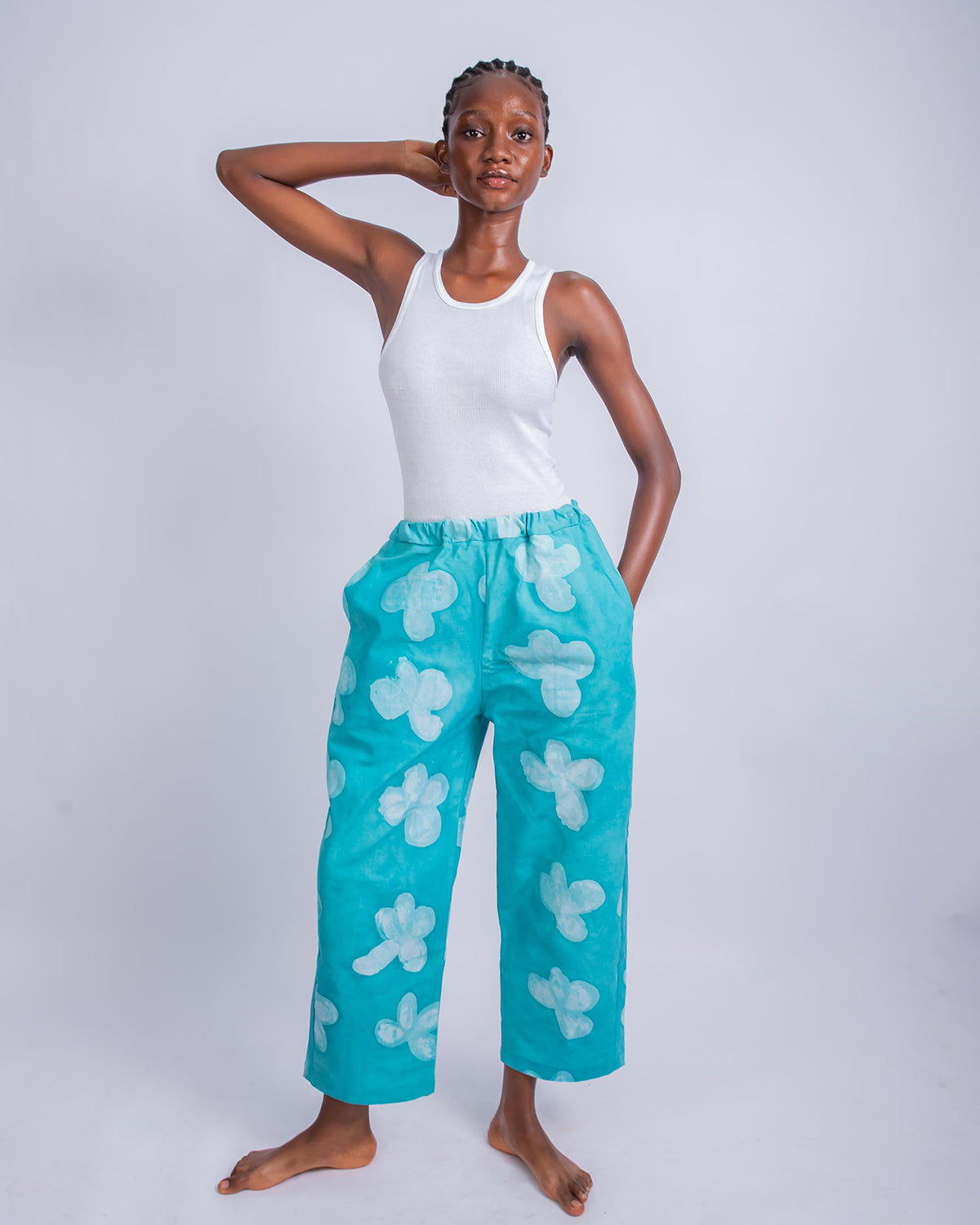 Green Floral Print - Women's Cotton Adire Trousers