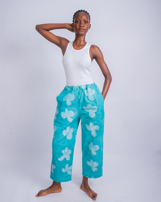 Green Floral Print - Women's Cotton Adire Trousers