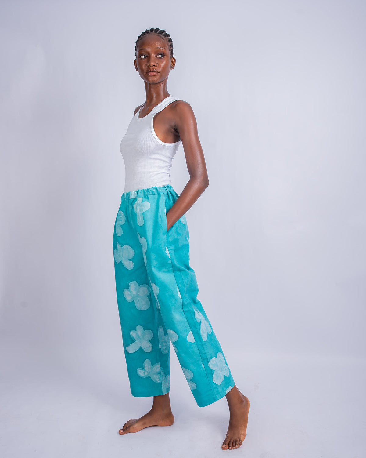 Green Floral Print - Women's Cotton Adire Trousers