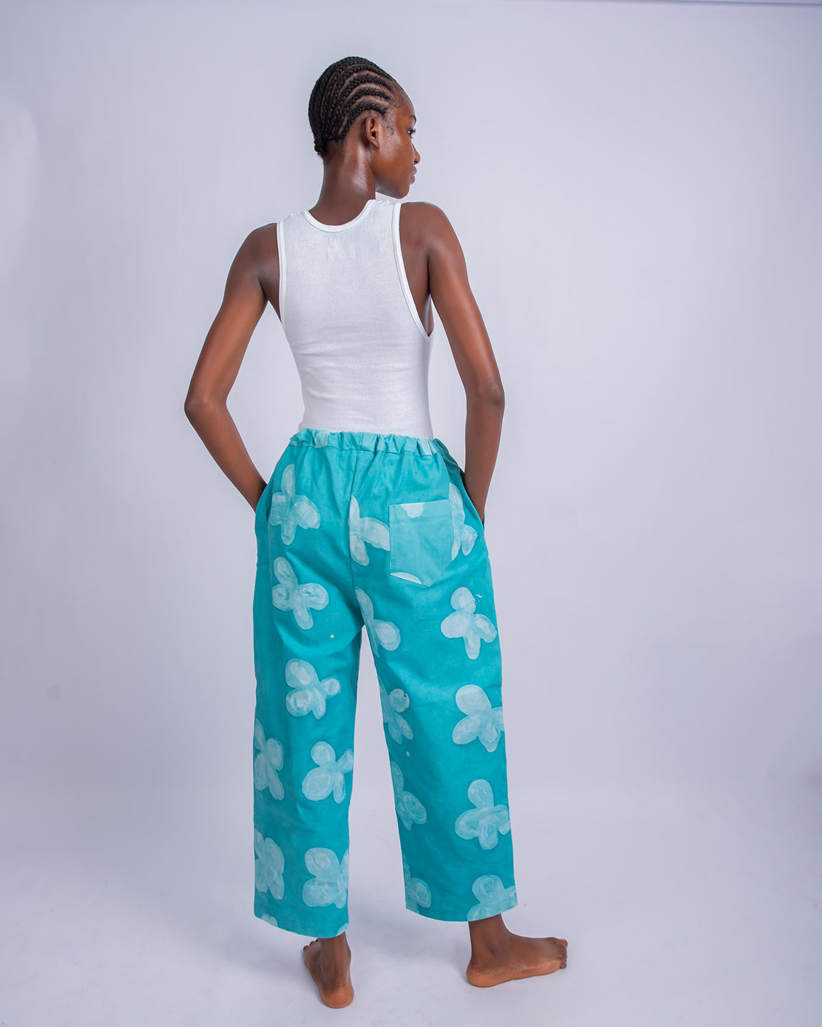 Green Floral Print - Women's Cotton Adire Trousers