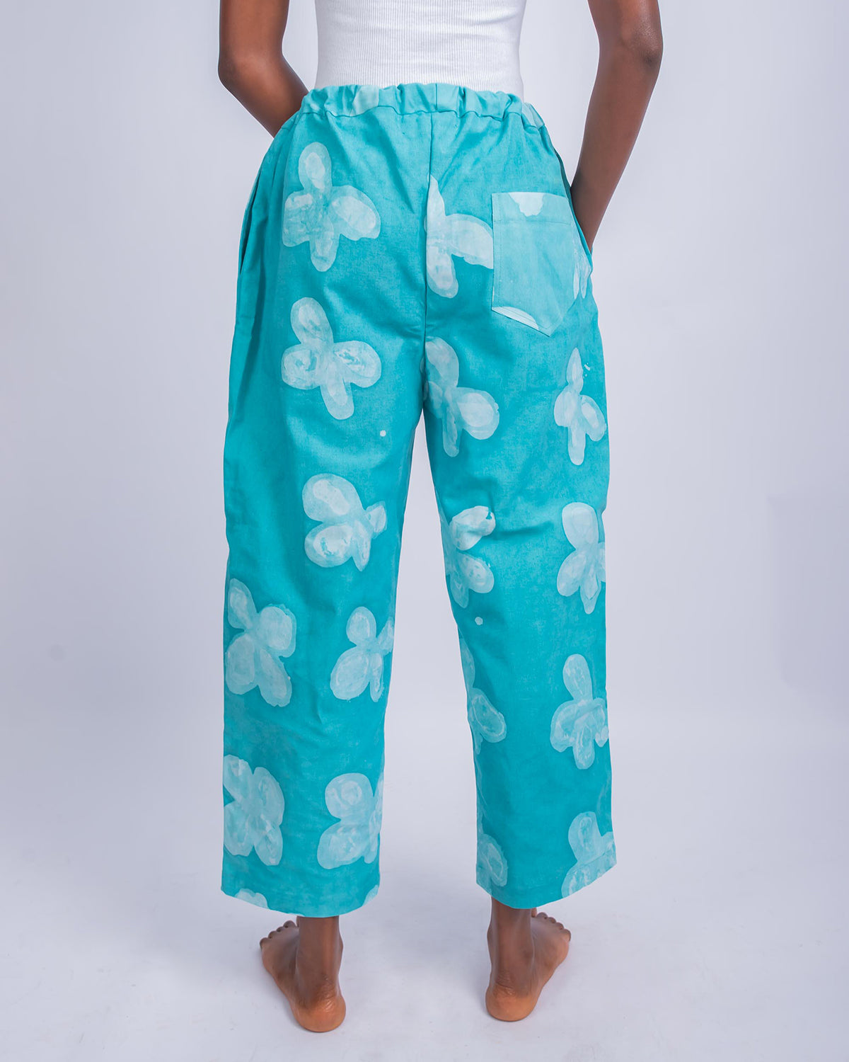 Green Floral Print - Women's Cotton Adire Trousers