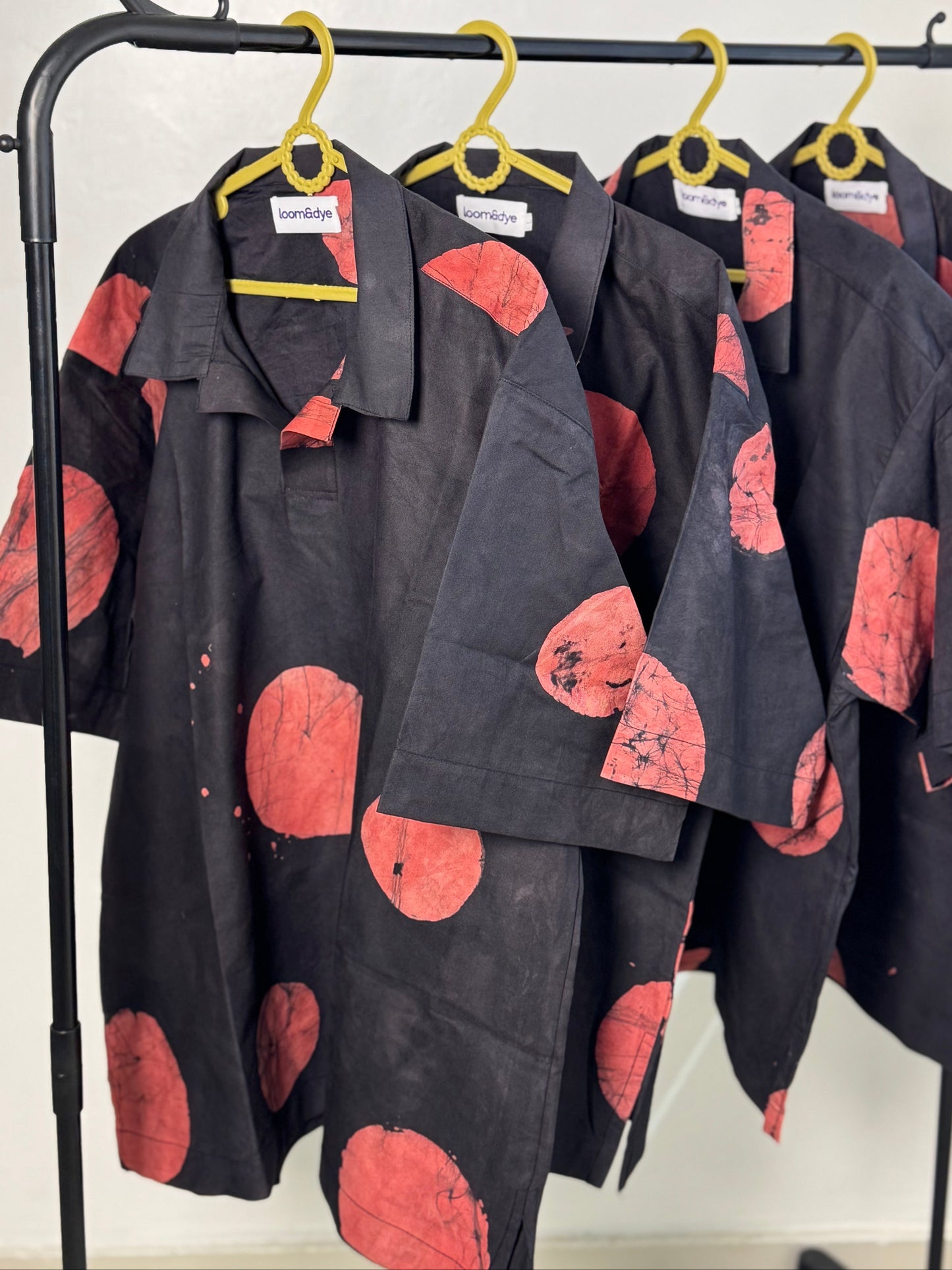 Red & Black Contrast Print - Men's Cotton Adire Shirt