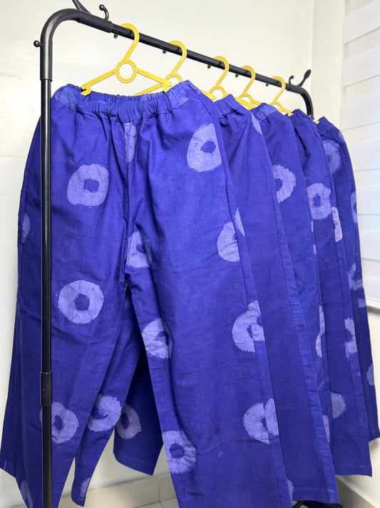 Indigo Blue Circle Print - Women's Cotton Adire Trousers
