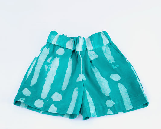 Green & White Print - Kids' Cotton Adire Shorts