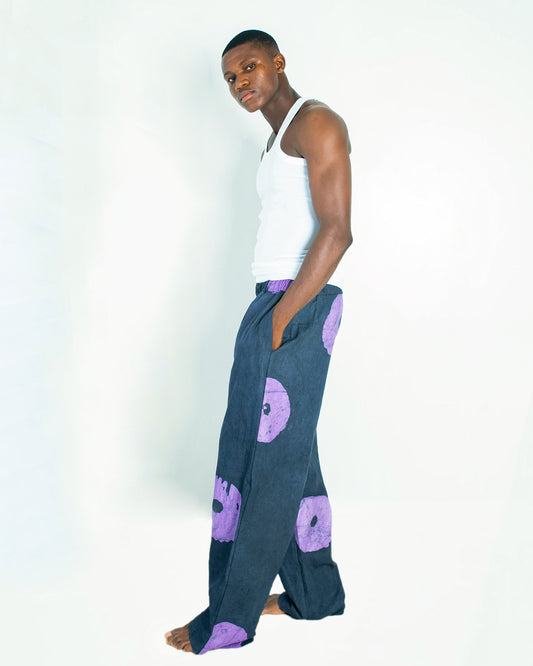 Purple & Black Contrast Print - Men's Cotton Adire Trousers