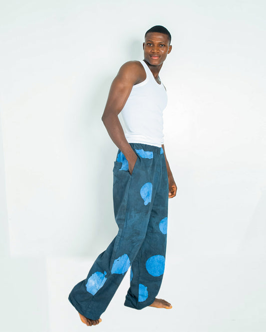 Blue Contrast Print - Men's Cotton Adire Trousers