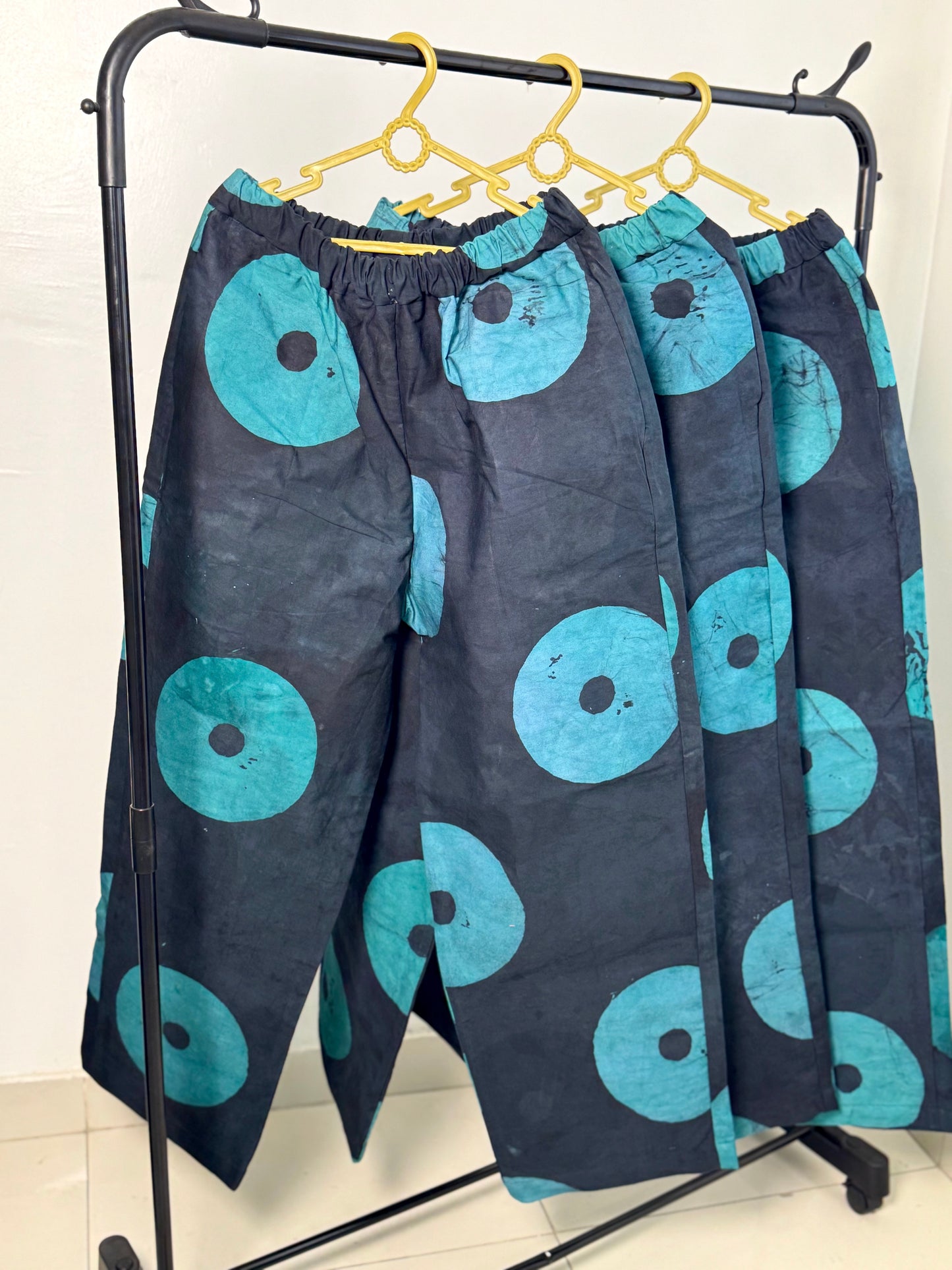 Teal & Black Contrast Print - Men's Cotton Adire Trousers