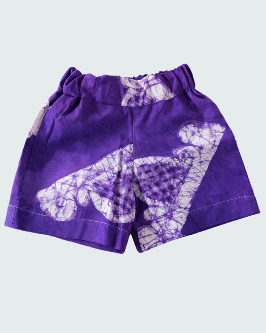 Purple & White Print - Kids' Cotton Adire Shorts
