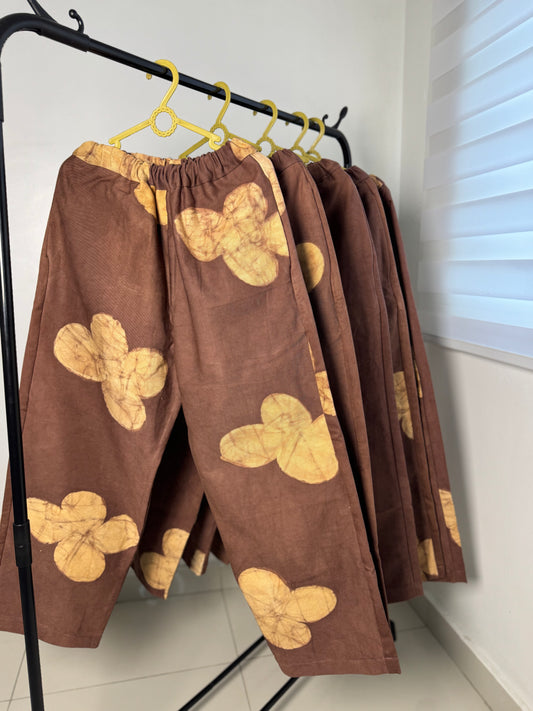 Brown Floral Print - Women's Cotton Adire Trousers