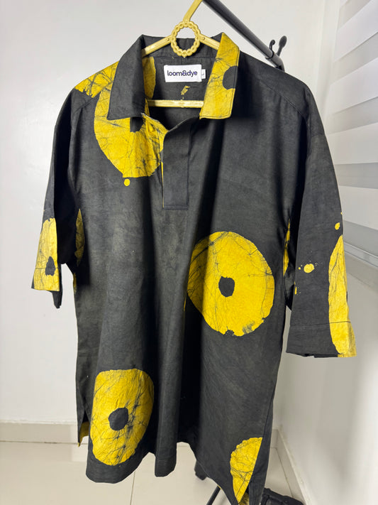 Yellow & Black Contrast Print - Men's Cotton Adire Shirt
