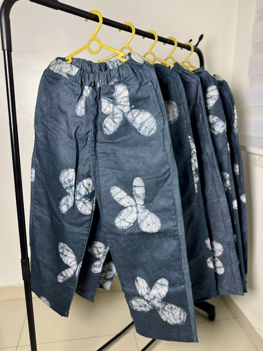 Grey Floral Print - Women's Soft Cotton Adire Trousers