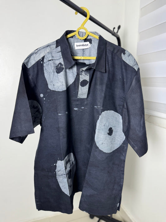 Grey & Black Contrast Print - Men's Cotton Adire Shirt