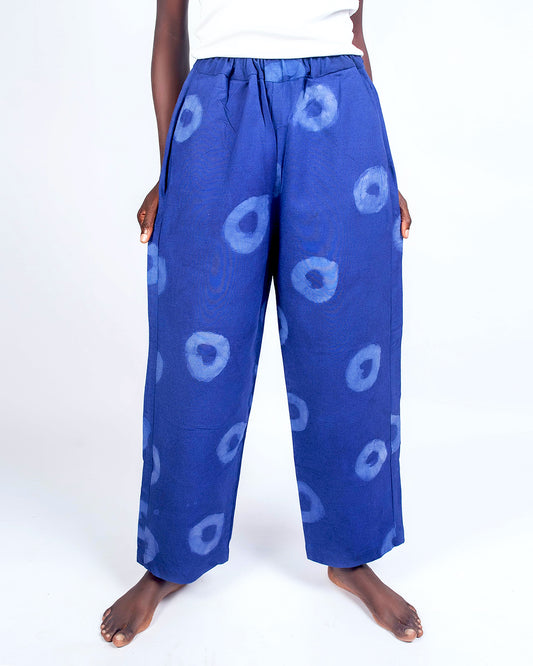 Indigo Blue Circle Print - Women's Cotton Adire Trousers