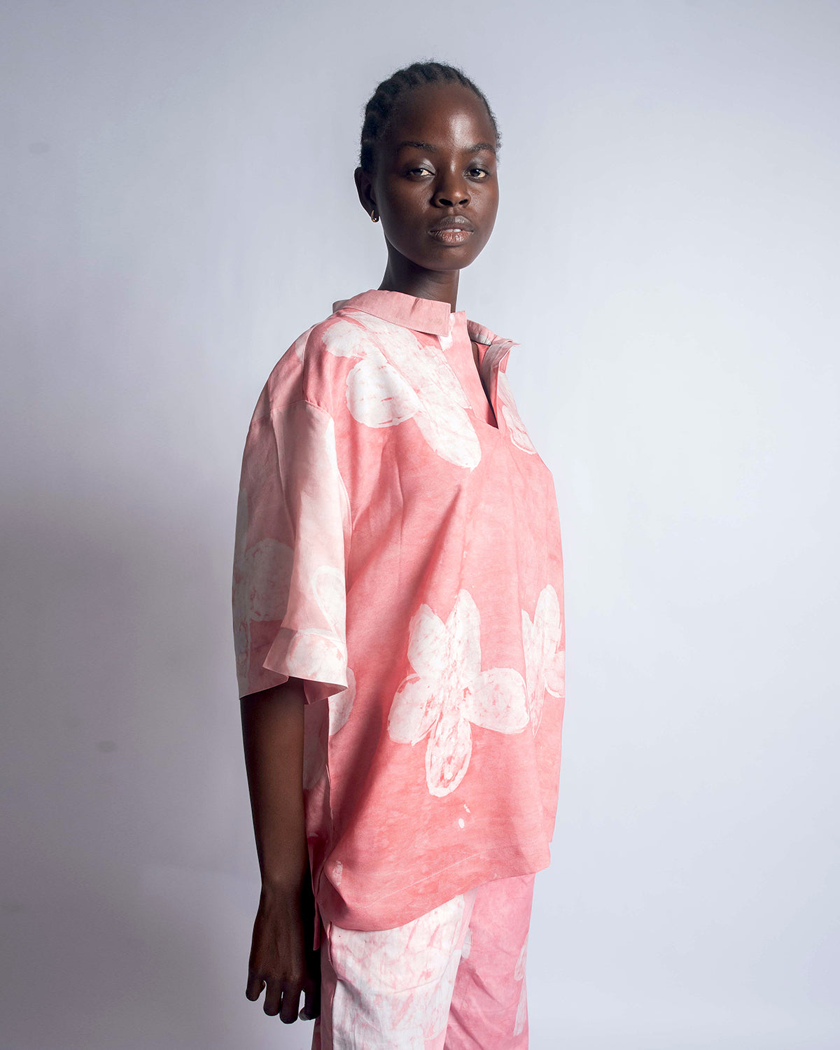 Pink Floral Print – Oversized Women’s Soft Cotton Adire Shirt