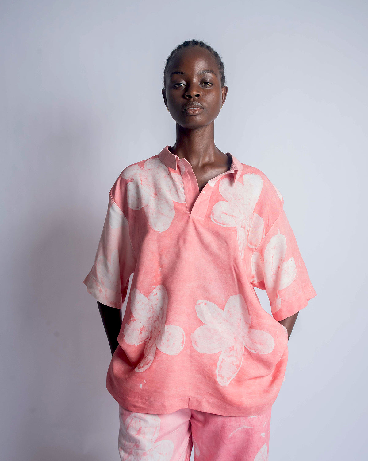Pink Floral Print – Oversized Women’s Soft Cotton Adire Shirt
