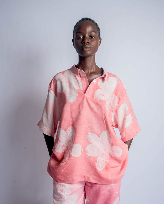 Pink Floral Print – Oversized Women’s Soft Cotton Adire Shirt